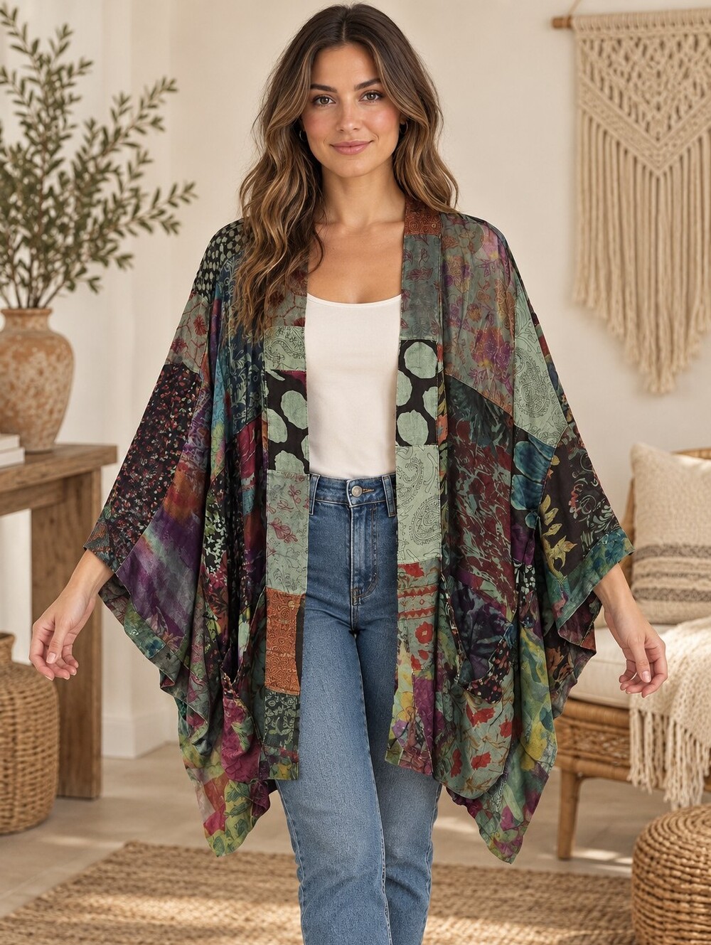 515.Young Threads Bohemian Patchwork Kimono Jacket - Green Multi
